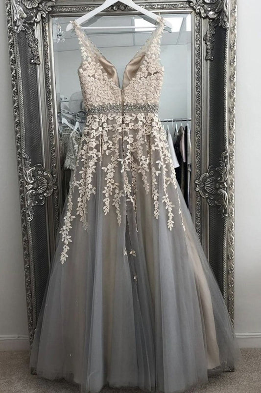 Vestido de fiesta largo de encaje gris con escote en V y cinturón, vestido formal de encaje gris con flores, vestido de noche de encaje gris