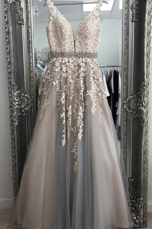 Vestido de fiesta largo de encaje gris con escote en V y cinturón, vestido formal de encaje gris con flores, vestido de noche de encaje gris