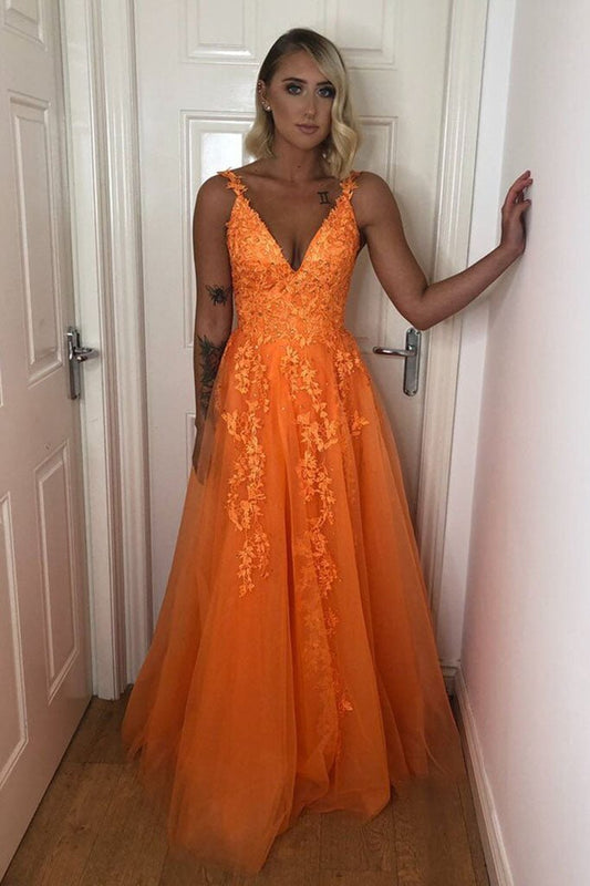 A Line V Neck Lace Appliques Formal Dresses Orange Prom Dresses GP528