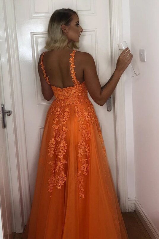 A Line V Neck Lace Appliques Formal Dresses Orange Prom Dresses GP528