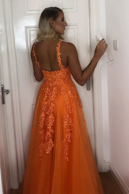 A Line V Neck Lace Appliques Formal Dresses Orange Prom Dresses GP528