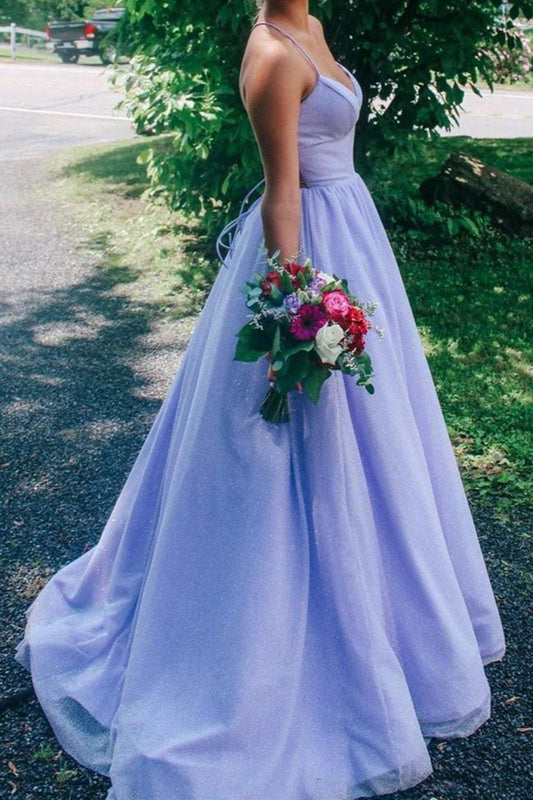 A Line V Neck Lavender Backless Prom Dress, Glitter Formal Evening Dresses GP216