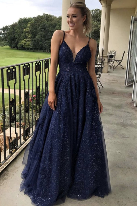 Vestido de fiesta largo de encaje azul marino con escote en V y lentejuelas, vestido de noche formal de graduación de encaje azul marino