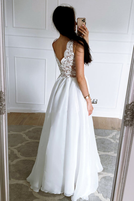 Vestido de fiesta largo de encaje blanco con escote en V y espalda abierta, vestido de noche formal de graduación de encaje blanco