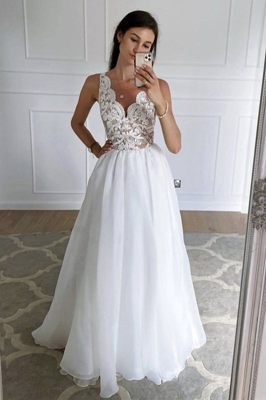 Vestido de fiesta largo de encaje blanco con escote en V y espalda abierta, vestido de noche formal de graduación de encaje blanco
