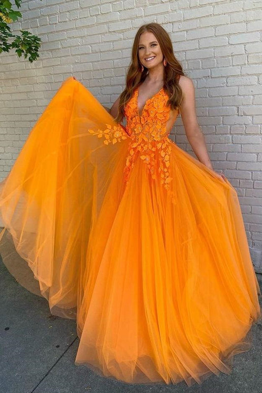 Vestido de fiesta largo de encaje naranja con escote en V y corte A, vestidos formales de encaje naranja, vestidos de noche naranjas