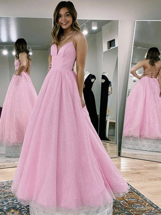 A Line Pink Long Prom Dresses,  Backless V-neck Evening Dresses GP108