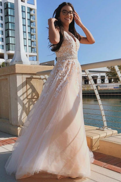 A Line V Neck Tulle Long Prom Dress V Back with Floral Appliques, GP154