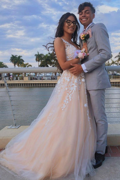 A Line V Neck Tulle Long Prom Dress V Back with Floral Appliques, GP154