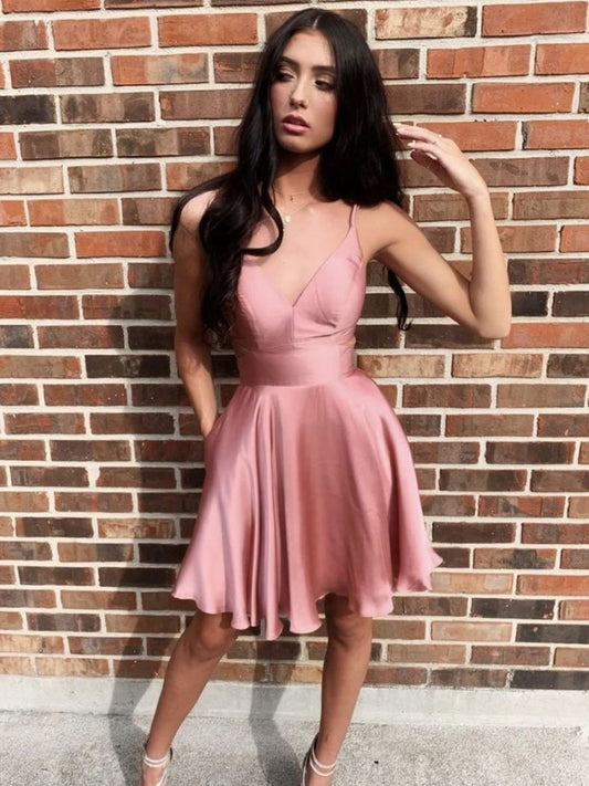 Vestidos de fiesta cortos en rosa rosa con escote en V y corte A, vestidos formales de graduación en rosa rosa cortos.