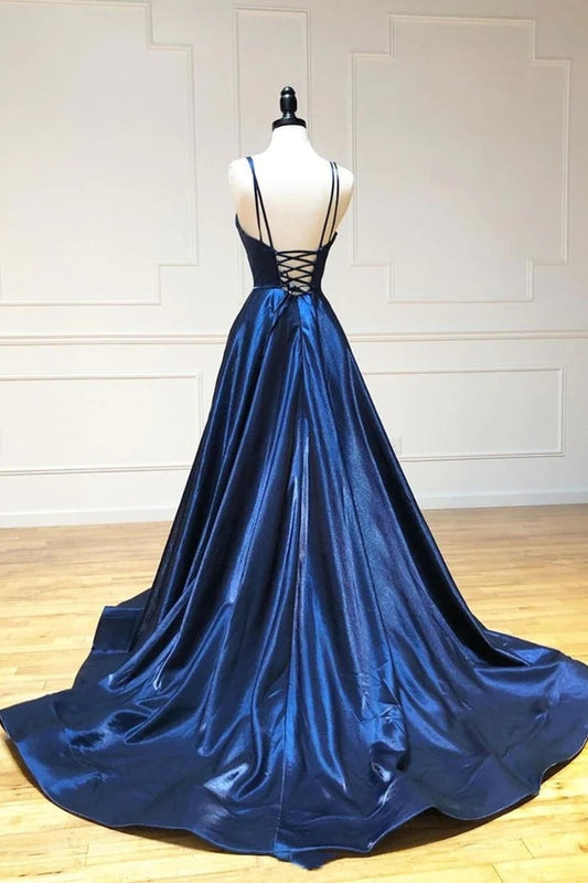 A Line V Neck Spaghetti Straps Prom Dress Lace Up Evening Dress,WP078