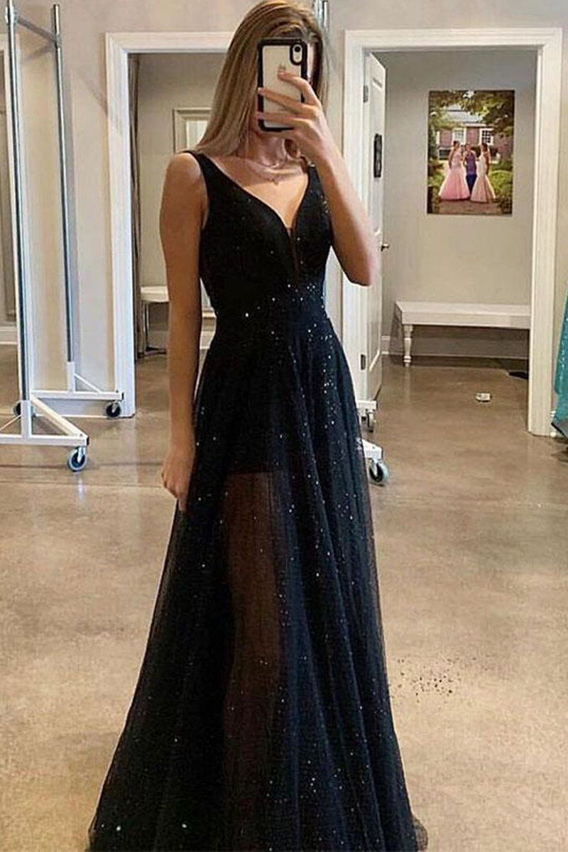 Sparkly Sequins Black Long Prom Dresses, A Line V Neck Evening Gown, GP196