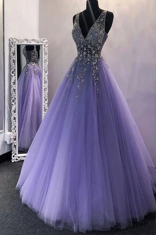 A Line V Neck Purple Tulle Long Prom Dress With Beads,WP011