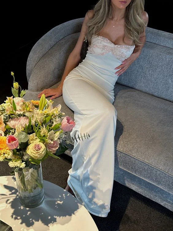2025 New Simple Sheath Sweetheart Neck Lace Satin Long Prom Dress Evening Dress SH1143