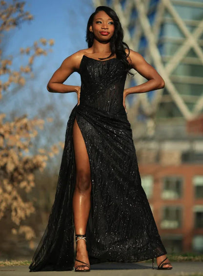 Sexy Black Mermaid Strapless Sequined High Split Long Floor Length Prom Dresses TP1687