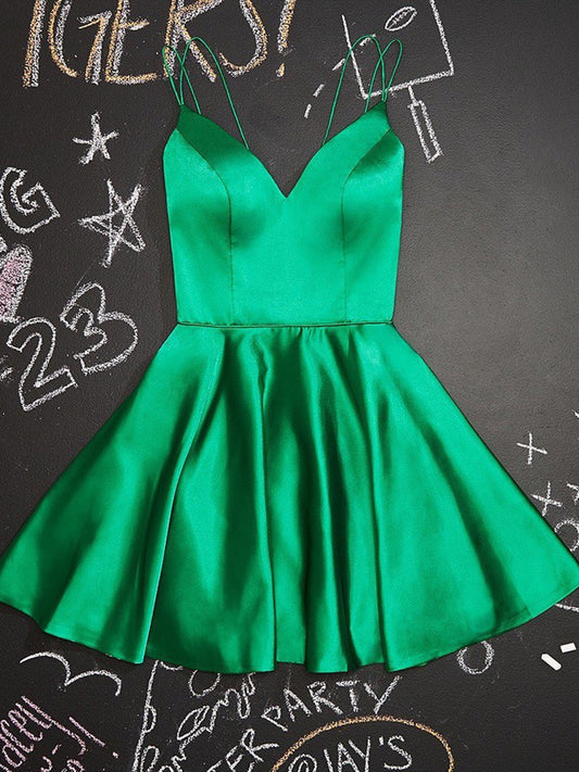 Vestidos de fiesta cortos verdes con escote en V y corte A, vestidos formales de bienvenida cortos verdes con escote en V.