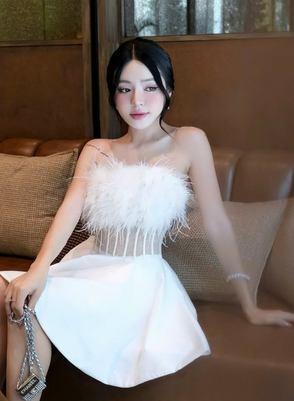 Cute White A Line Strapless Corset Feather Satin Short Homecoming Dress Cocktail Dress SH3303