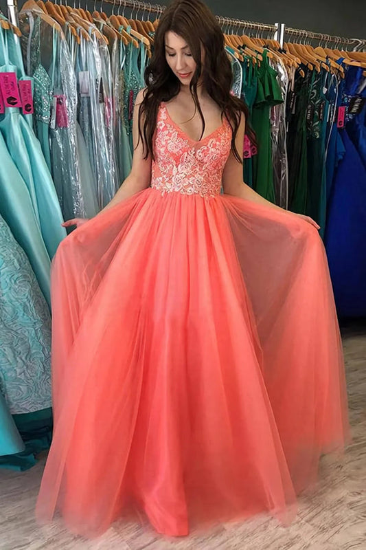 A line Rustic Watermelon Tulle Prom Dress With Lace,WP223