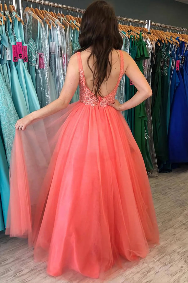 A line Rustic Watermelon Tulle Prom Dress With Lace,WP223
