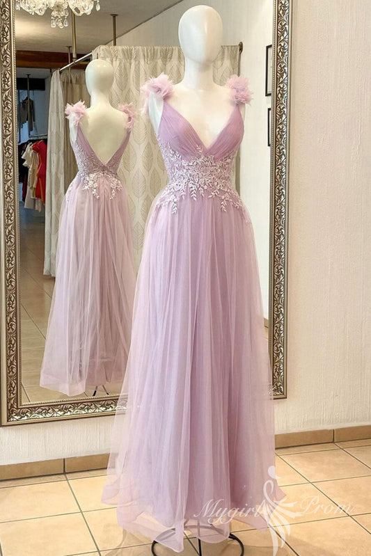 A line V neck Pink Long Prom Dress With Lace Applique, Tulle Long Formal Gown GP443