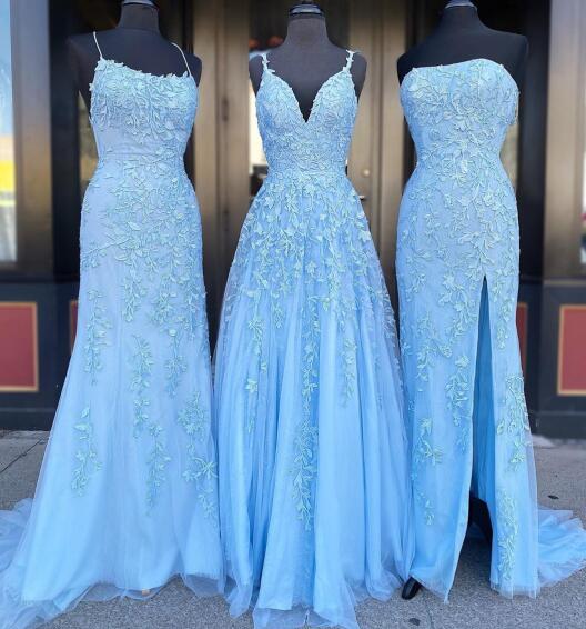 Vestidos de fiesta largos con apliques, vestidos de graduación de octavo grado, baile escolar, vestidos formales azul cielo