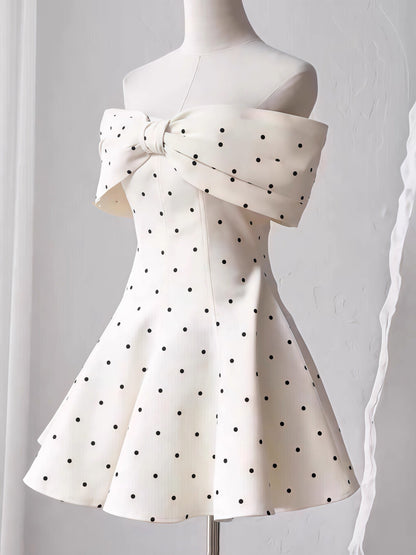 Cute A line Off The Shoulder Black Polka Dots Short Satin Formal Homecoming Dresses Party Graduation Dress Hoco Dresses DH2772
