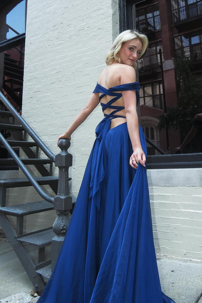 Navy Blue A Line Off the Shoulder V Neck Tulle Long Prom Dress Evening Dress SH2138