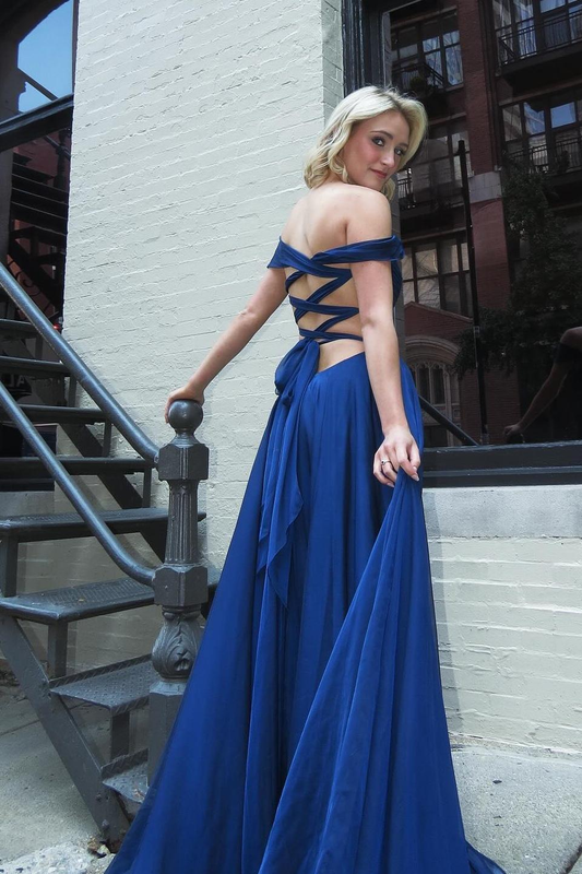 Navy Blue A Line Off the Shoulder V Neck Tulle Long Prom Dress Evening Dress SH2138