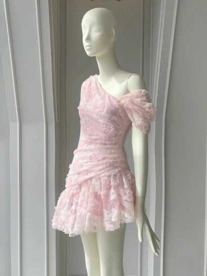 Vestido corto de satén con encaje rosa, de un solo hombro, para fiesta de graduación, Hoco Dresses DH2777