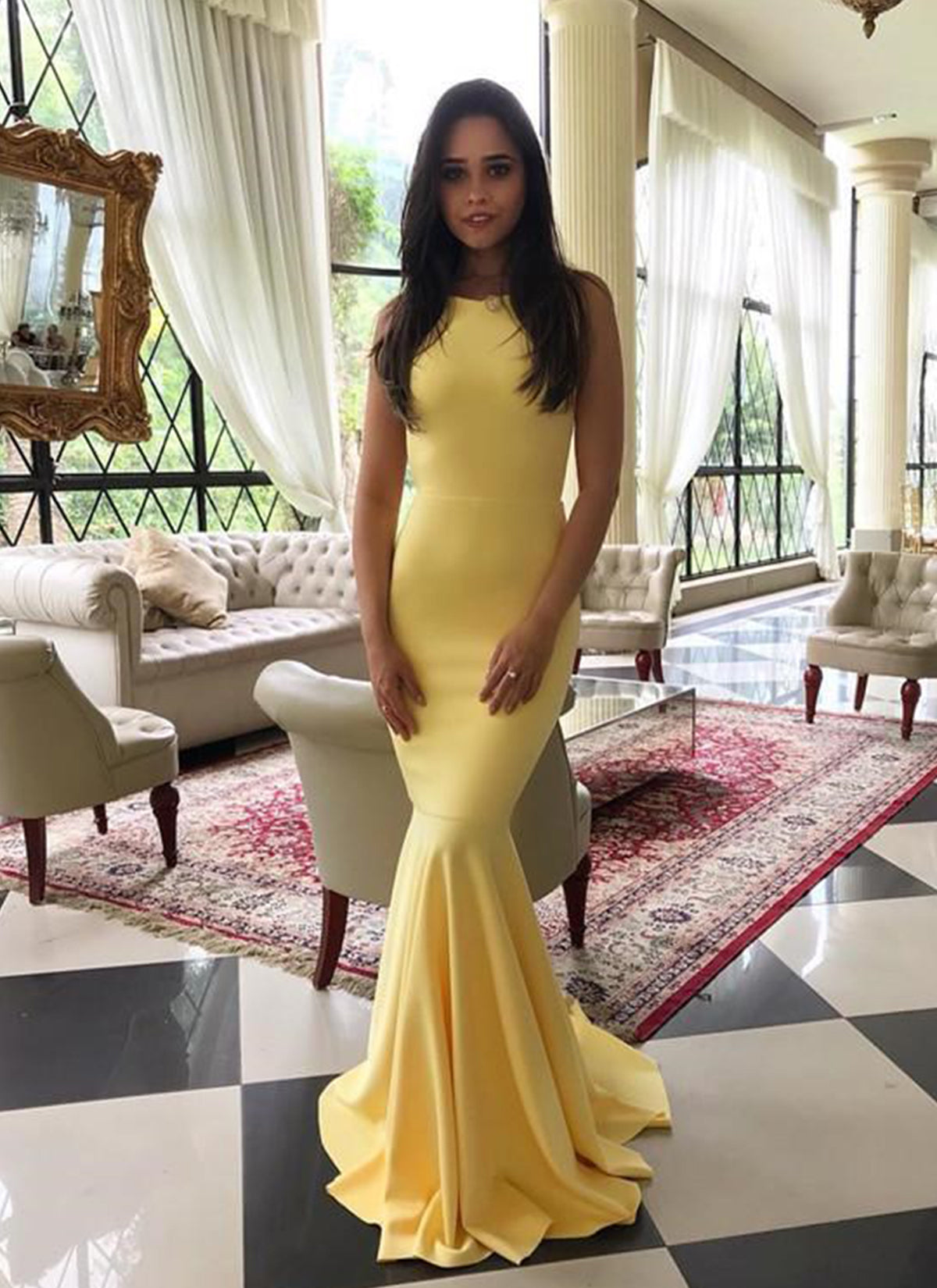 Yellow Satin Backless Long Mermaid Dress Evening Dress B590