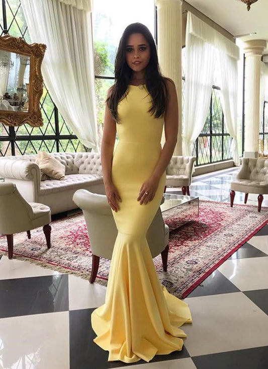 Yellow Satin Backless Long Mermaid Dress Evening Dress B590