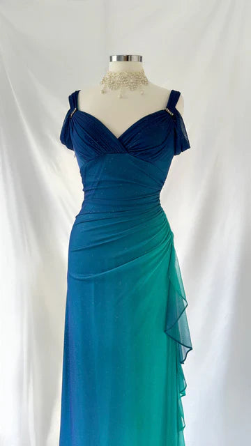 Vestido de noche largo vintage de gasa con degradado azul verdoso brillante y diseño único con tirantes, TP2505