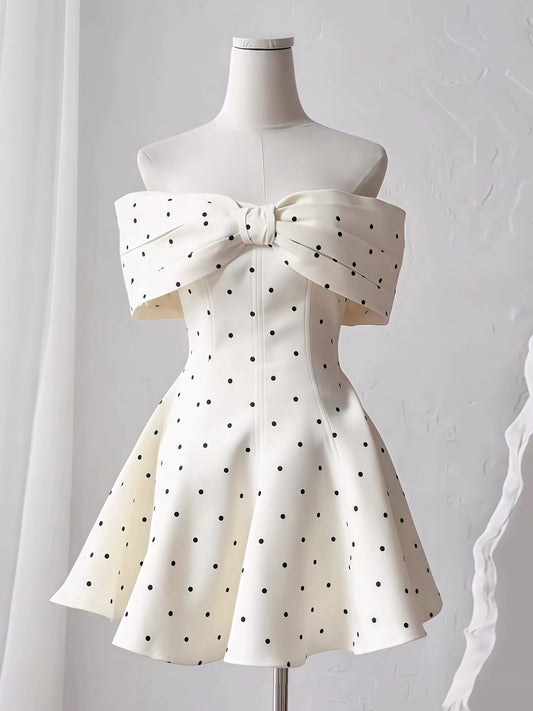 Vestido corto de satén con lunares negros, corte A, hombros descubiertos, para fiesta de graduación, Hoco Dresses DH2772