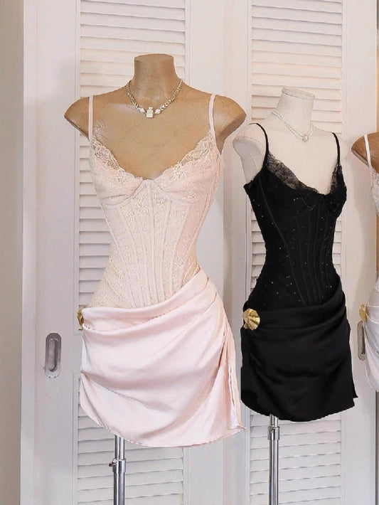Vestido negro corto con tirantes finos y corte ajustado para fiesta, vestidos cortos formales para el regreso a casa, vestidos de cóctel elegantes y chic para cumpleaños número 16, vestido de encaje Hoco DH2767