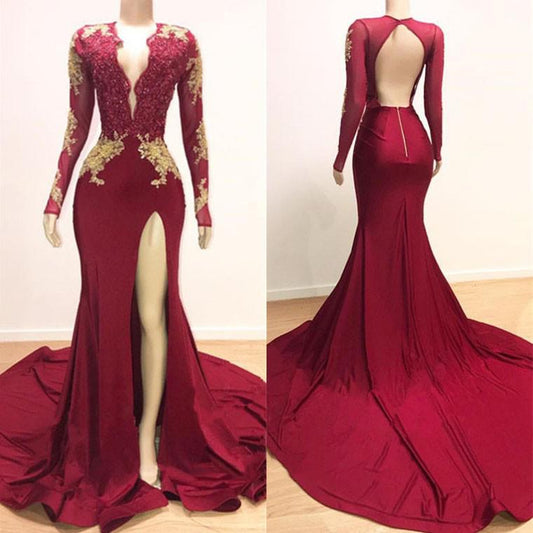 Vestido de fiesta de sirena con escote en V y mangas largas, vestido de noche formal con abertura en la pierna