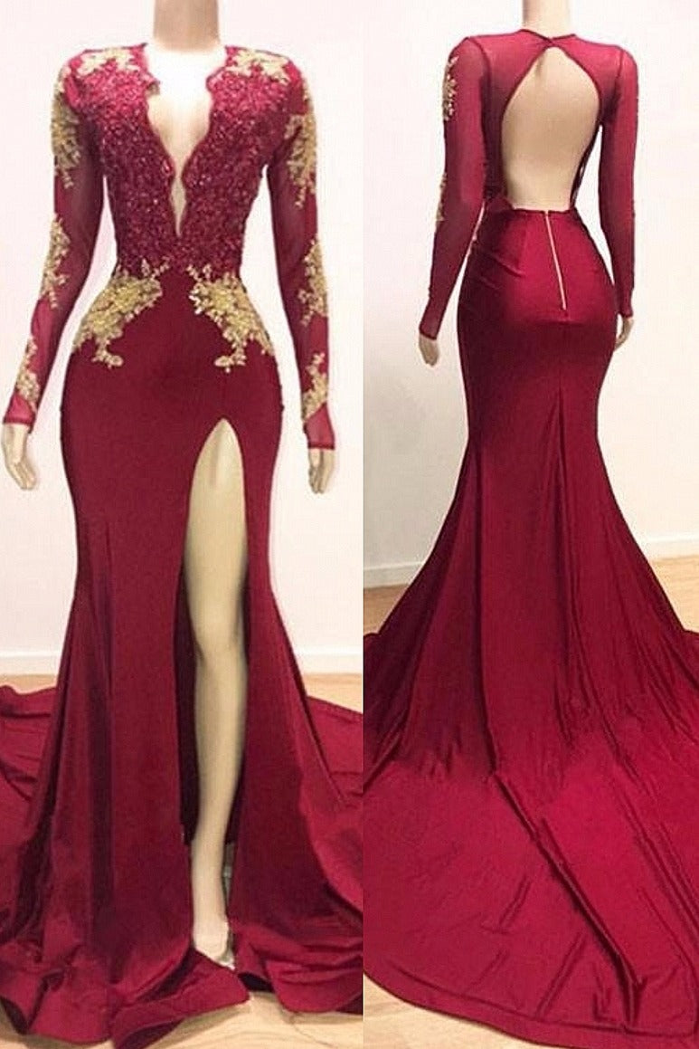 Vestido de fiesta de sirena con escote en V y mangas largas, vestido de noche formal con abertura en la pierna