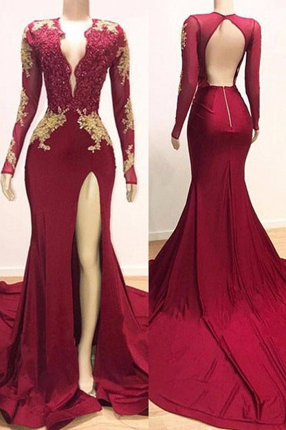 Vestido de fiesta de sirena con escote en V y mangas largas, vestido de noche formal con abertura en la pierna