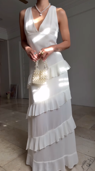 Vestido de fiesta informal de gasa con cuello en V y volantes, sin espalda, largo y formal