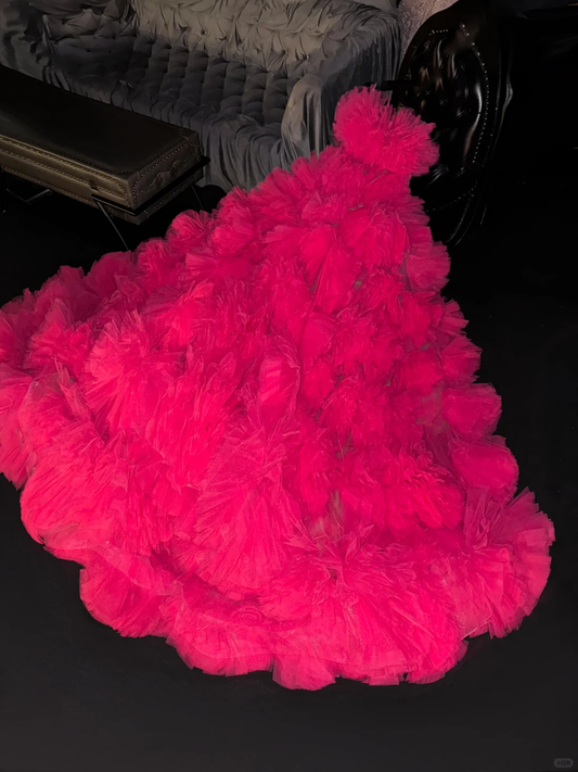 Princess A Line Strapless Tiered Hot Pink Tulle Long Party Dress Birthday Dress SH2906