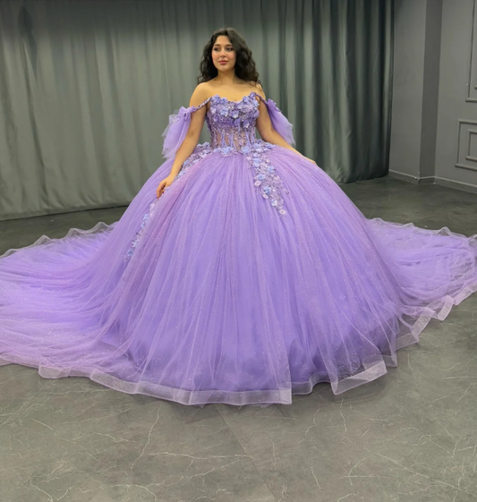 Purple Ball Gown Off the Shoulder Beaded 3D Flowers Sweet 16 Dress Girls Party Gowns vestidos de quinceañera SH3267