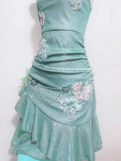 Vestido corto de fiesta para 16 cumpleaños, con tirantes finos, volantes y lentejuelas brillantes, color verde menta, TP4039