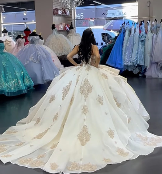 Champagne Sweetheart Neck Corset Rhinestone Tulle Ball Gown Sweet 16 Dress Quinceanera Dress SH2126