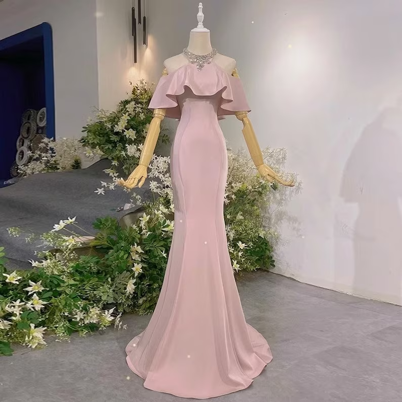Pink Vintage Off The Shoulder Long Mermaid Prom Dressï¼_legant Evening Dress SH642