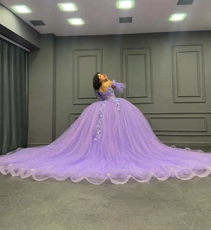 Purple Ball Gown Off the Shoulder Beaded 3D Flowers Sweet 16 Dress Girls Party Gowns vestidos de quinceañera SH3267