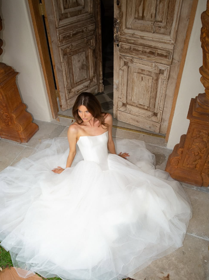 Simple A Line Strapless White Satin Tulle Long Wedding Dress SH2033