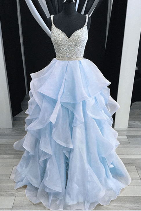 Baby Blue Long Prom Dresses Backless Spaghetti Formal Dresses Beading, GP292