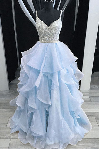 Baby Blue Long Prom Dresses Backless Spaghetti Formal Dresses Beading, GP292