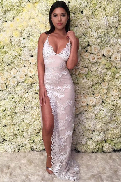 Backless Blush Pink Sheath V Neck High Slit Prom Dresses,WP369