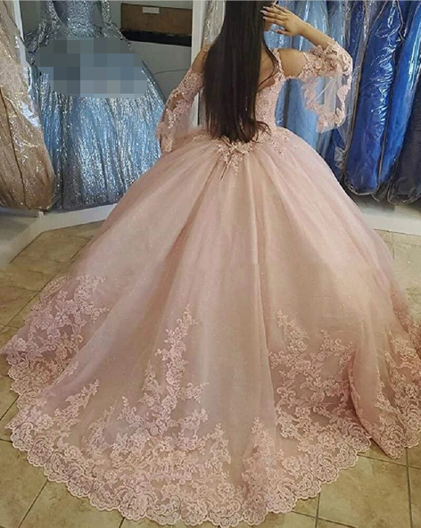 Vestidos de quinceañera amarillos con encaje y corte princesa, mangas largas abullonadas, para dulces 16