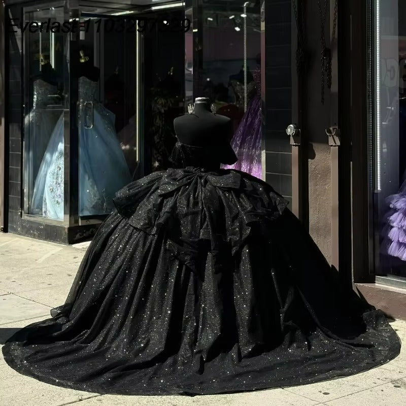 Vestido de quinceañera negro brillante con cuentas y vestido de fiesta para cumpleaños